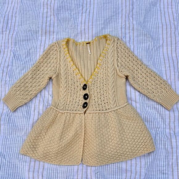 Free People Wool Blend Yellow Chunky Knit Button Sweater Pelpum Top Women’s S - Picture 1 of 6